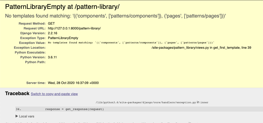 Screenshot of the PatternLibraryEmpty error message from Django